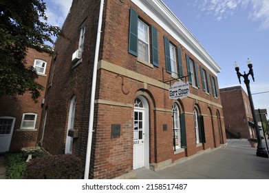 LIBERTY, UNITED STATES - Jun 08, 2013: A closeup of the Jesse James Bank Museum in Liberty, Missouri