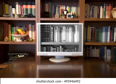 Library with books and computer with image of books