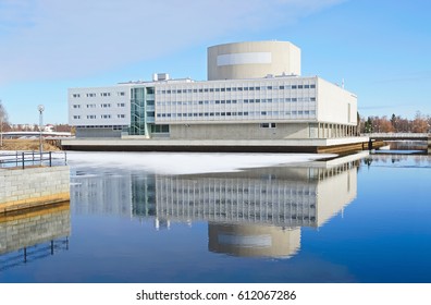 Library Building And Lake In Winter, Oulu, Finland