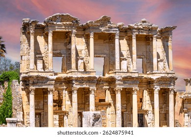 Library of Celsus at dramatic sunset. Library of Celsus ruins in Ephesus or Efes Ancient City. The historical building in Izmir, Türkiye is an important touristic excursion area. Unesco world heritage