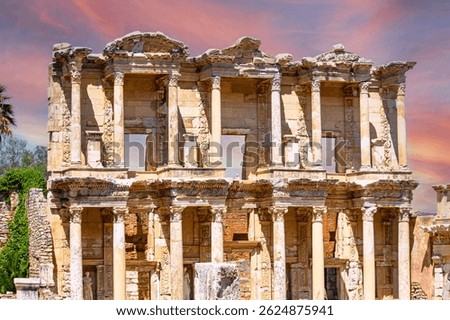 Library of Celsus at dramatic sunset. Library of Celsus ruins in Ephesus or Efes Ancient City. The historical building in Izmir, Türkiye is an important touristic excursion area. Unesco world heritage