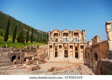 Library of Celsus in Ephesus, Turkey. Wide angle view