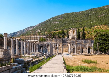 The Library of Celsus side view with colonnade in Ephesus ancient greek city. Ephesus or Efes is located near Selcuk modern city in Izmir Province in Turkey.