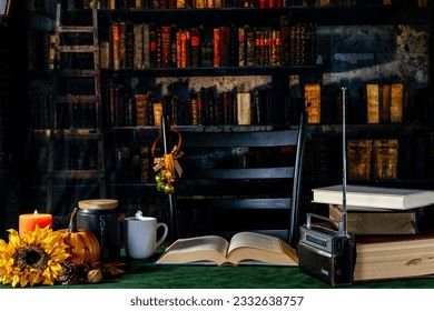 library decorated with fall decorations steaming cup of coffee and old transistor radio