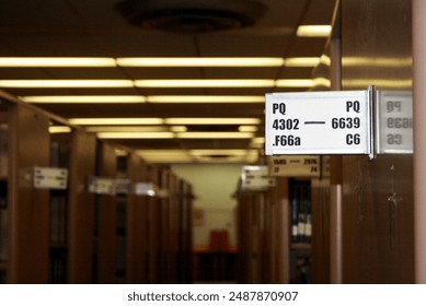 Library Isle - close up of Dewey Decimal Classification System in a College University