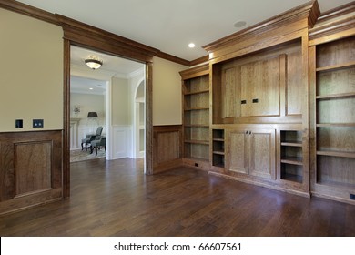 Library In Luxury Home With Living Room View