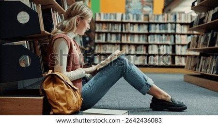 Library, student and reading book with learning for education, research and knowledge in college. University, female person and woman with studying for thesis, english literature and prepare for exam