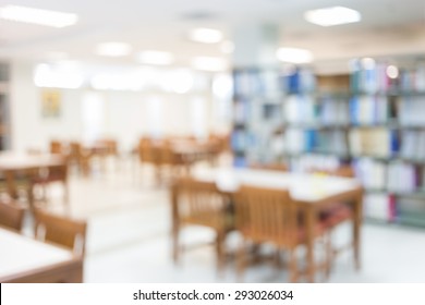 Library With Table Desk And Bookshelf, Abstract Blur Defocused Background