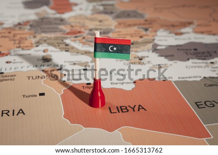 Libya flag on map of Libya