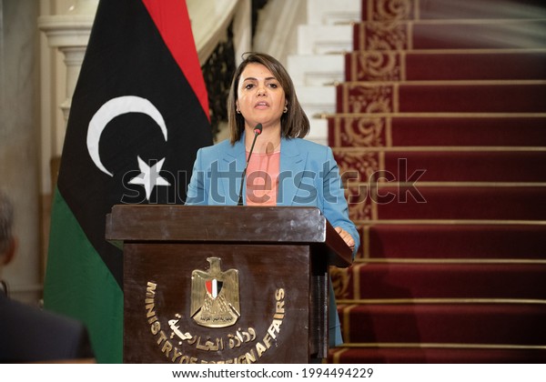 Libyan Foreign Minister Najla el-Mangoush at the\
press conference with Egypt Foreign Minister Sameh  Shoukry, Cairo,\
Egypt, 19 June 2021