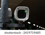 License plate reader, automatic number recognition, digital surveillance camera, boom barrier gate. Smart parking lot entrance pass automation. Vehicle access control. Car park identification system.