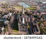 Lichfield Cathedral from above drone view