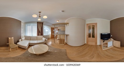 LIDA, BELARUS - MARCH 18, 2012:  360 angle panorama view in small guest room hotel in dark style color. Full 360 by 180 degrees seamless equirectangular equidistant spherical panorama. vr ar content