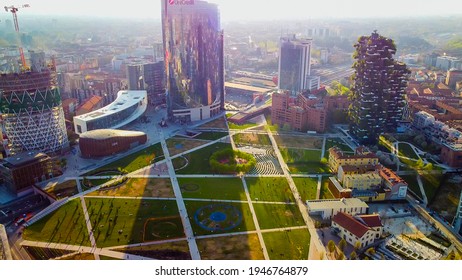 Lido Bam. Library of trees. Parco Biblioteca degli Alberi Milano - BAM. Italian city of fashion. Vertical forest. New urban architecture. aerial view of people. A park. Milan, Italy, April 2021 