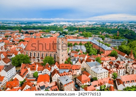 Liebfrauenmunster Church aerial panoramic view. Liebfrauenmunster or Gothic Hall Church of Our Lady is located in Ingolstadt city in Bavaria, Germany.