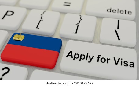 Liechtenstein flag featured on computer keyboard beside apply for visa button symbolizing Schengen passport application immigration documentation international border authorization travel approval online registration destination entry and mobility