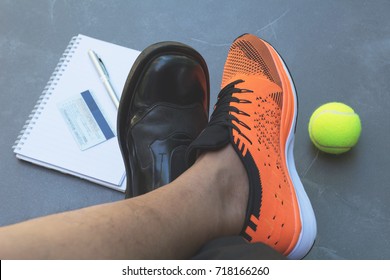 Life Balance Concept For Work And Exercise In Top View Half Of Business And Sport Shoes.