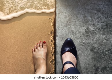 Life Balance concept for Work and Travel present in Top view position by half of Business Working Woman Shoes on Cement Floor and Female's Barefoot on Sand Beach