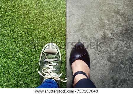 Life Balance concept for Work and Travel present in Top view position by half of Business Working Woman and Sneaker Shoes