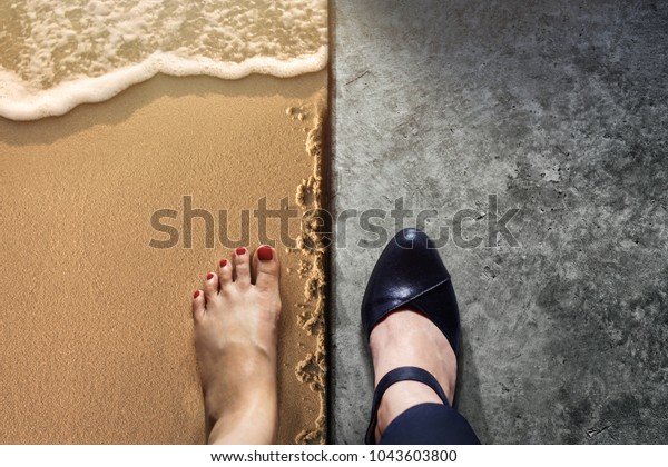 Life Balance concept for Work and\
Travel present in Top view position by half of Business Working\
Woman Shoes on Cement Floor and Female\'s Barefoot on Sand\
Beach