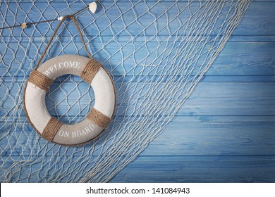 Life buoy decoration on blue shabby background