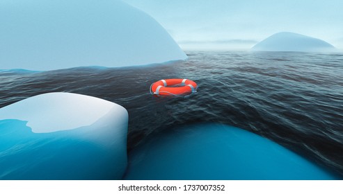 Life Buoy Near Iceberg In Arctic Sea. Antarctica Expedition. Glacier In Water. Global Warming. Arctic Exploration. Antarctica Explorer. Climate Change Winter. South Pole Expedition.