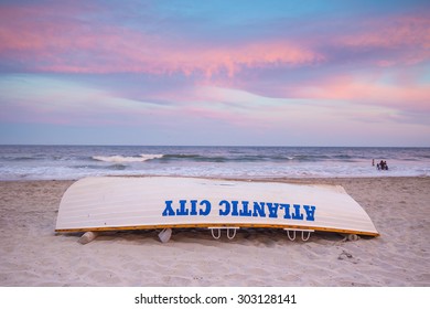 Life Guard Boat On The Beach In Atlantic City, New Jersey. 