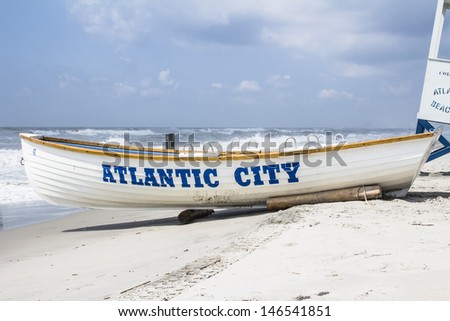 Life guard boat on the beach in Atlantic City, New Jersey.