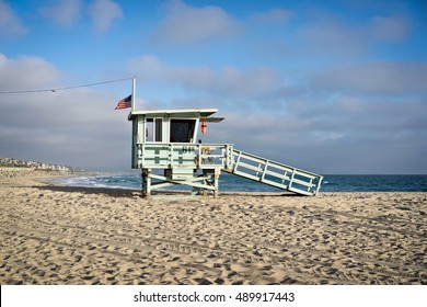 Life Guard Tower, El Segundo Beach, California With Sand And Pacific Ocean.