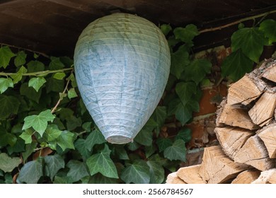 Life hack. Close-up of false wasp nest.  Wasp nest decoy of paper in form of elongated ball under roof of country house. In background is brick wall curled with common ivy.