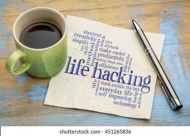 Life Hacking Word Cloud - Handwriting On A Napkin With Cup Of Tea