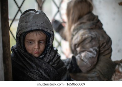 Life of homeless children in ruins. Apocalypse. War.