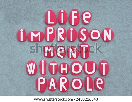 Life imprisonment is any sentence of imprisonment for a crime under which convicted criminals are to remain in prison for the rest of their natural lives, text with red colored stone letters