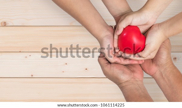 Life insurance, organ donor donation, give life\
charity and health assurance for family protection, parents\' day\
concept with father-mother or nurse and children supporting red\
heart together
