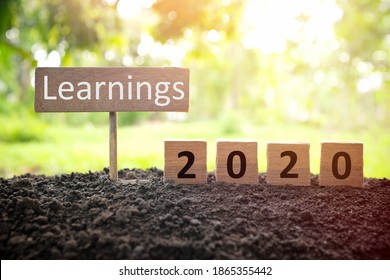 Life lessons and learnings from the year 2020 concept. A tree branch with a single remaining last leaf hanging beside a 2020 learning in wooden blocks at sunset. 