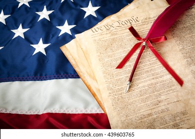 Life, Liberty, the pursuit of Happiness. The American flag, the US constitution and a fountain pen, can be used for 4th of july or any other patriotic holiday. Land of the free and home of the brave - Shutterstock ID 439603765