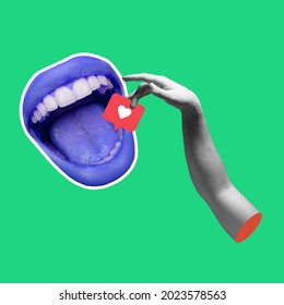 Life for likes. Contemporary art collage with female open mouth and social media activity sign, likes icon, heart shape over green background. Real youth modern lifestyle, internet addiction, gadgets