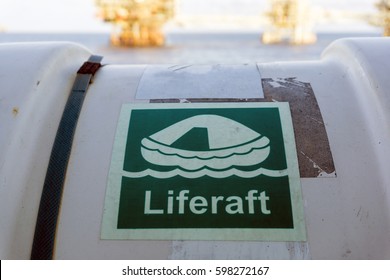 Life raft at a muster station of a construction barge at oilfield