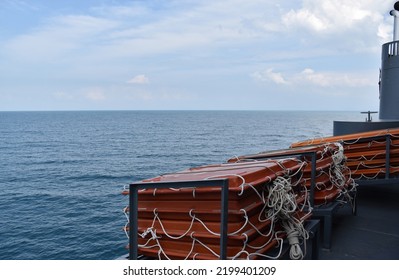 Life rafts are mounted on the deck of the ferry. - Shutterstock ID 2199401209