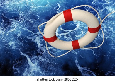 Life ring falling on blue churning water