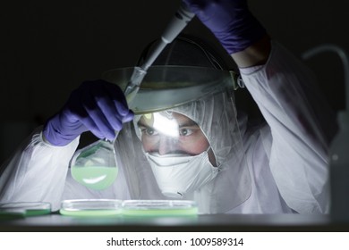 Life Scientist Researching In Bio Hazard Laboratory. Focused Life Science Professional Working On Experiment In High Protection Degree Work Laboratory. Healthcare And Biotechnology.