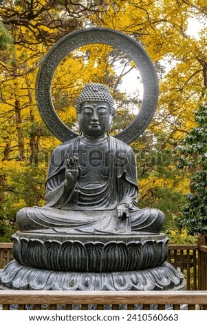 Life size Japanese garden Buddha and fall foilage.