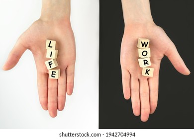 Life And Work. Female Hands With Cubes On Black White Background. Concept Of Balance, Harmony, No Stress. Choice