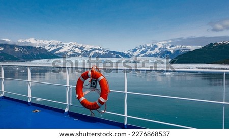 Lifebuoy buoy on cruise ship aboard in Hubbard Glacier bay. Ring buoy lifebuoy