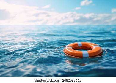 Lifebuoy floating in blue sea