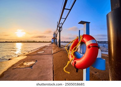 Lifebuoy and Lighthouse on Tranquil Pier at Sunset Low Perspective - Powered by Shutterstock