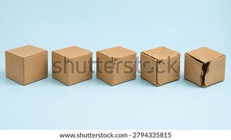 The lifecycle progression of corner damage on five square cardboard boxes is shown in a sequential row against a light blue background