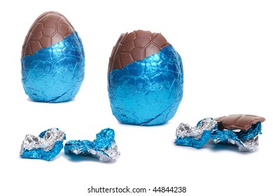 The Lifecycle In Stages Of A Blue Foil Covered Chocolate Easter Egg Isolated Against White Background.