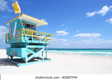 Lifeguard hut in a deserted beach. South Beach, Florida