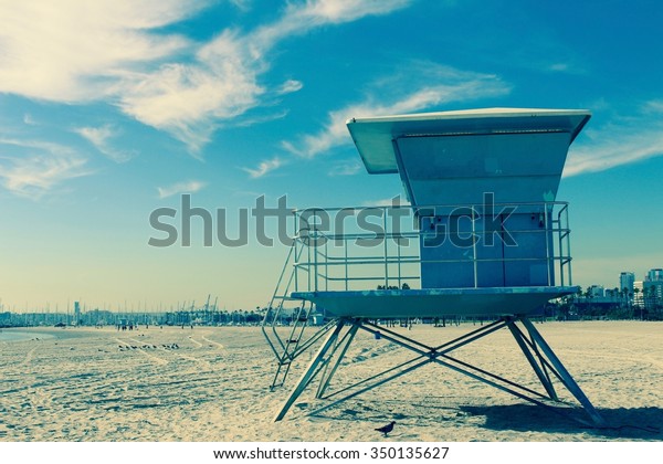 Lifeguard hut on the beach at long beach Los\
Angeles California